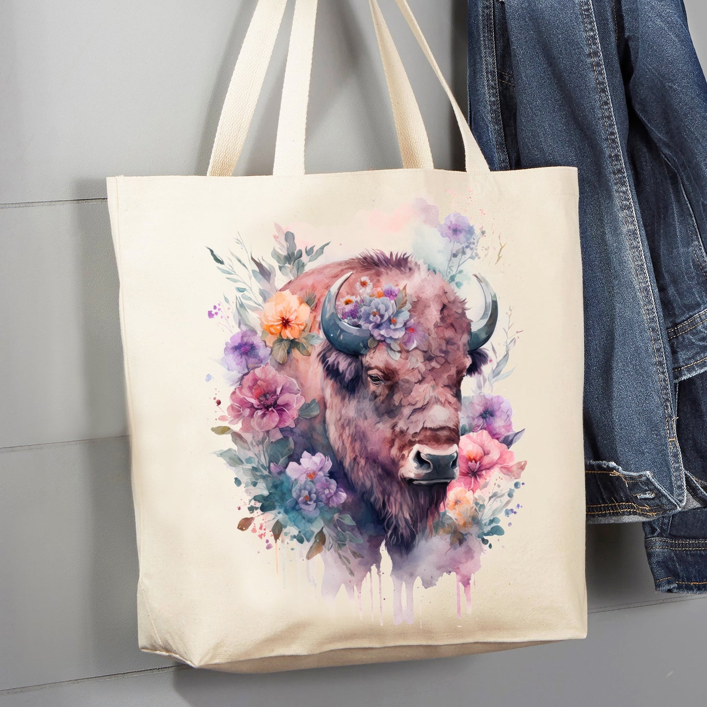 Western Buffalo Colorful Flowers 12 oz Canvas Tote Bag