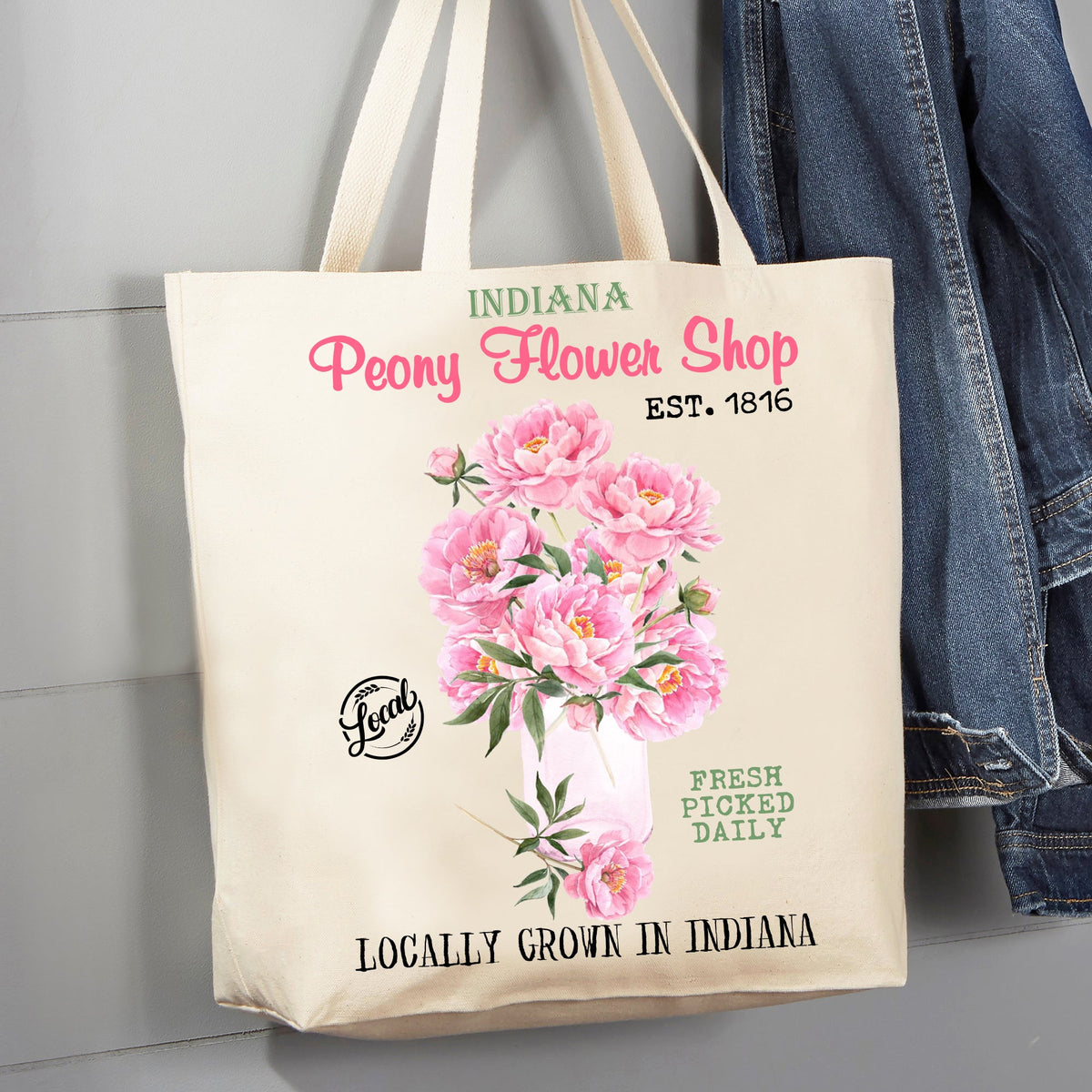 Indiana State Flower Peony Souvenir 12 oz Canvas Tote Bag