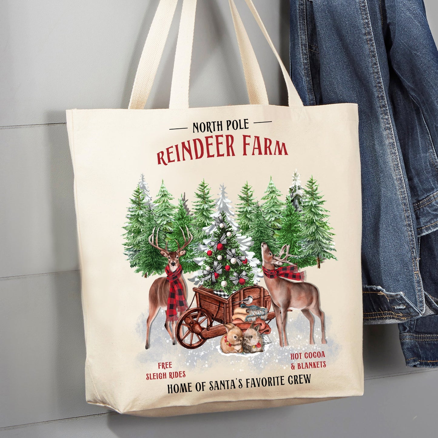 Christmas Reindeer Farm 12 oz Canvas Tote Bag
