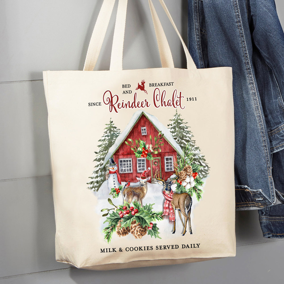 Christmas Reindeer Chalet 12 oz Canvas Tote Bag