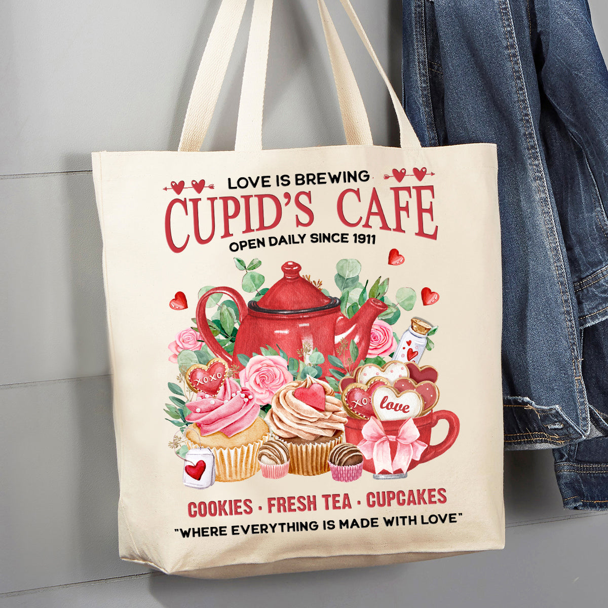 Valentine Cupid's Cafe Cupcakes 12 oz Canvas Tote Bag