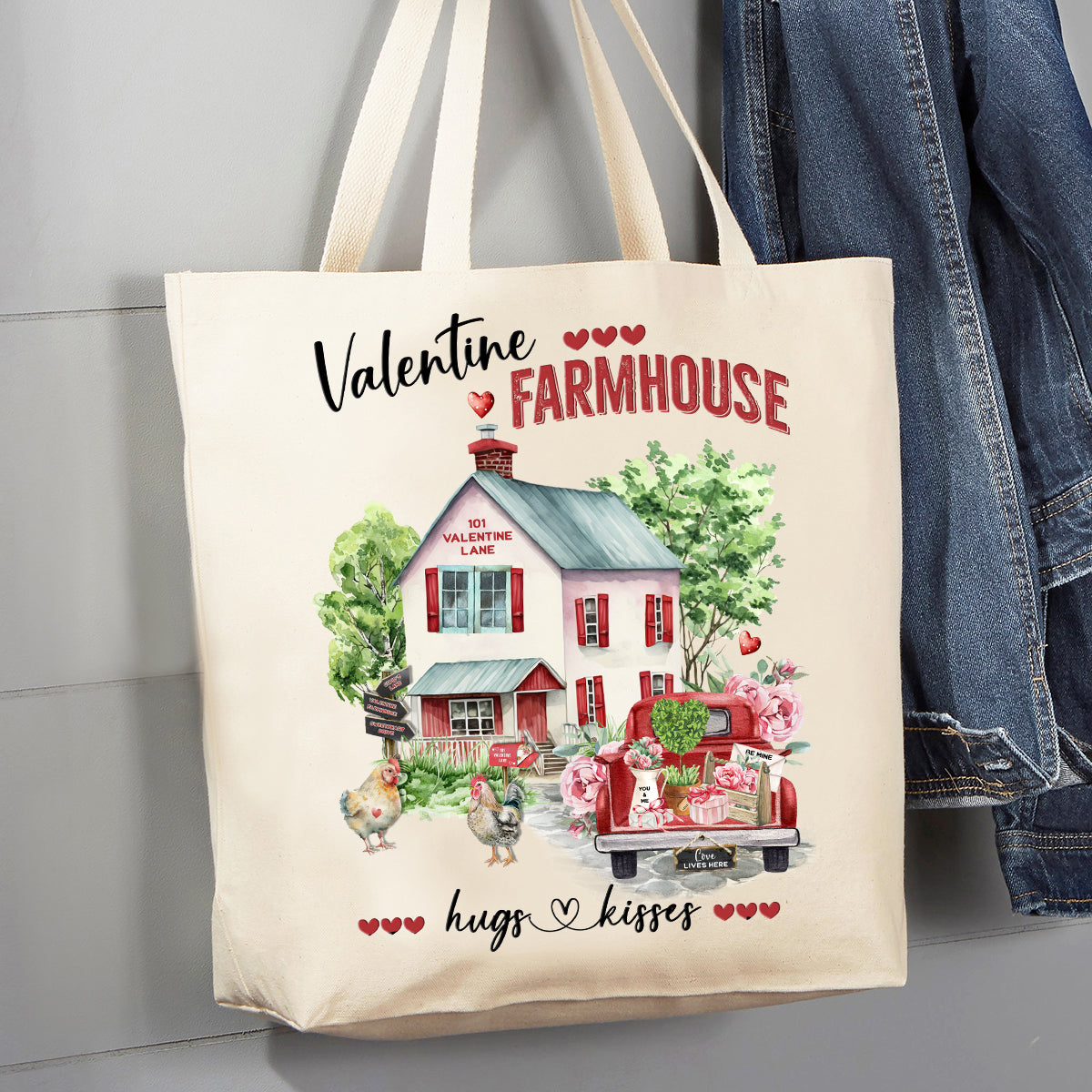 Valentine Farmhouse Hugs and Kisses 12 oz Canvas Tote Bag