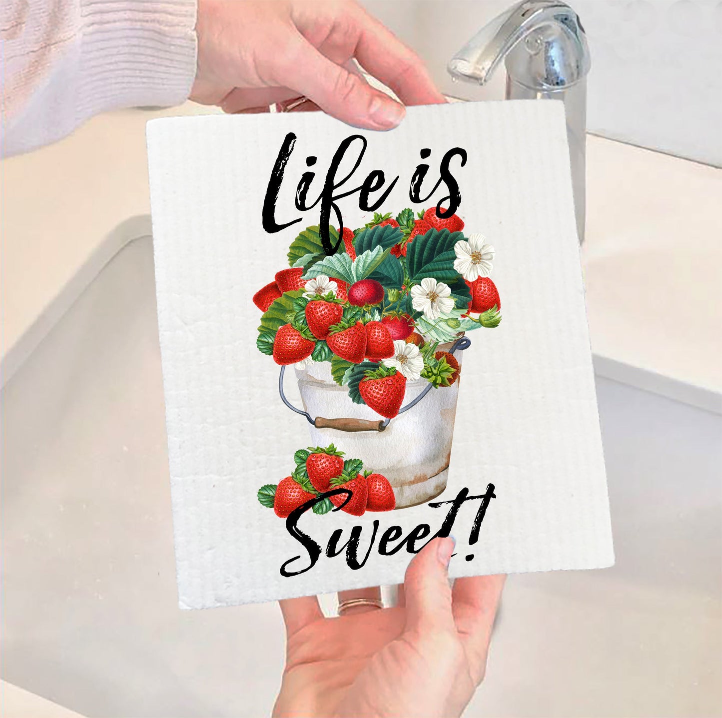Set of 2 - Life is Sweet Bucket of Strawberries Swedish Dish Cloth