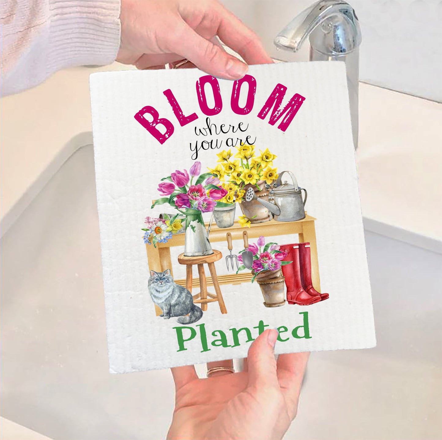 Set of 2 - Bloom where you're planted Flowers Cats Kitchen Swedish Dish Cloth