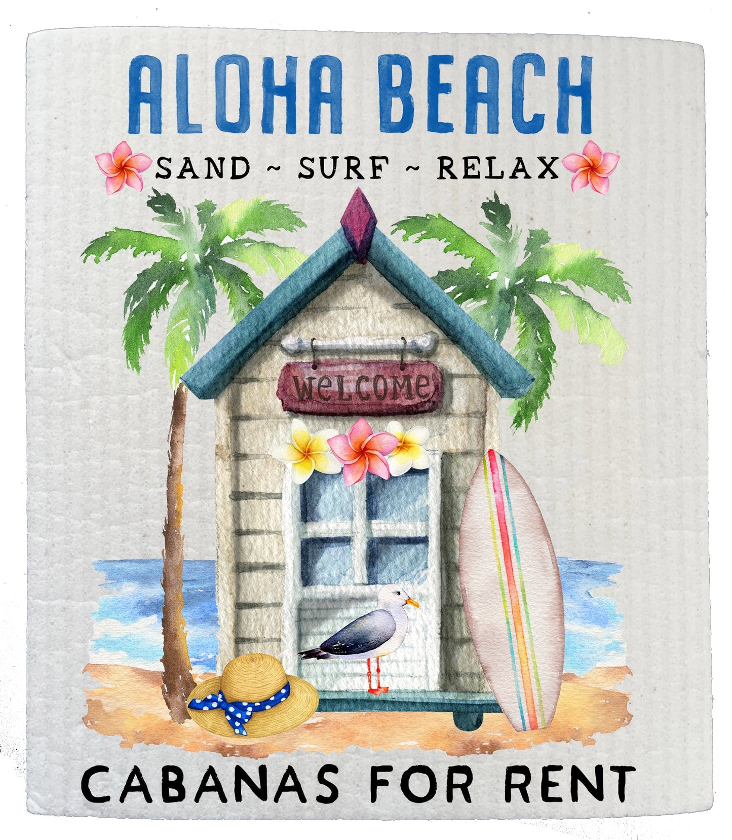 Set of 2 - Aloha Beach Cabanas Ocean SWEDISH DISH CLOTH