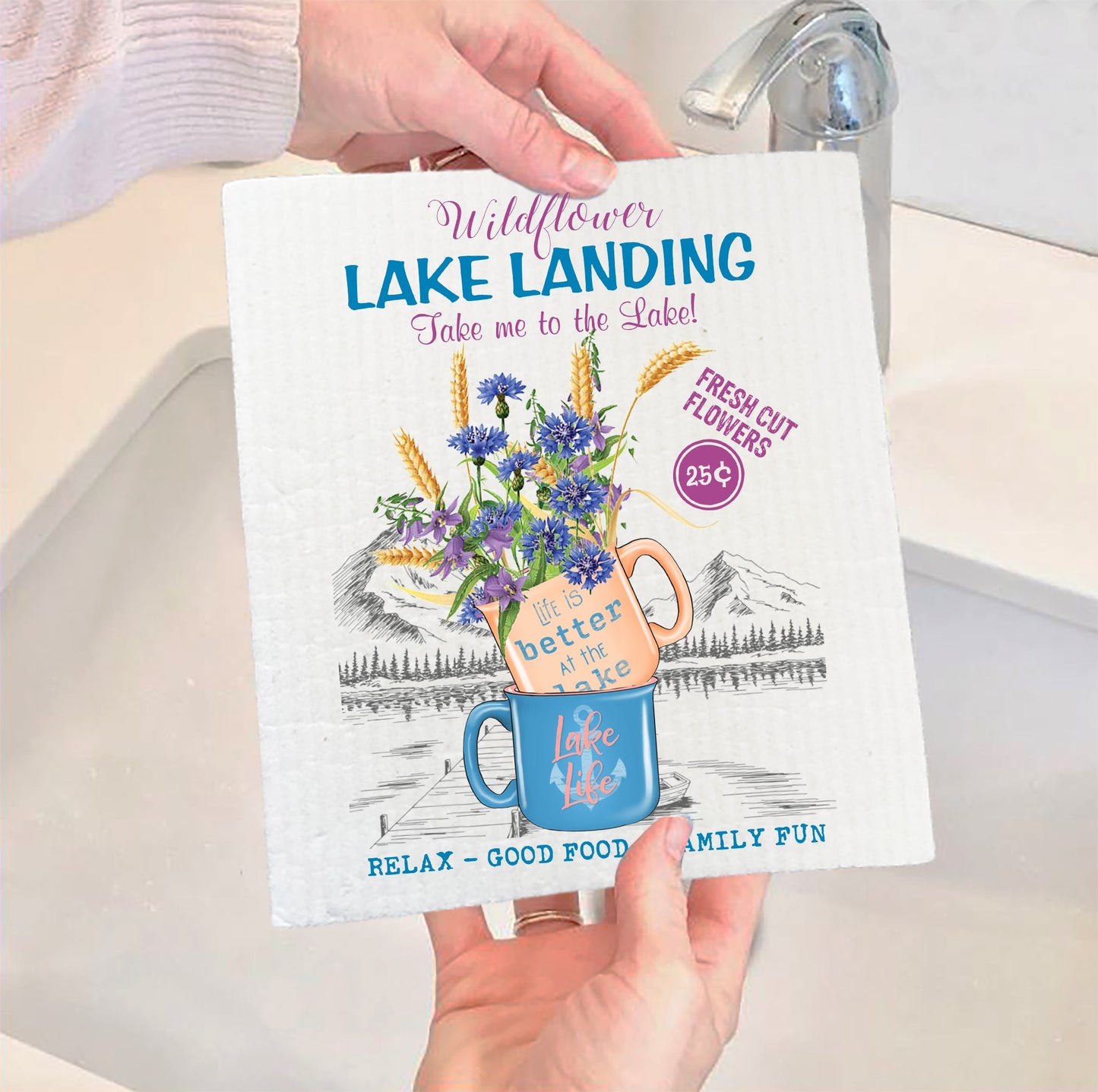 Set of 2 - Take me to the Lake Wildflowers Swedish Dish Cloth
