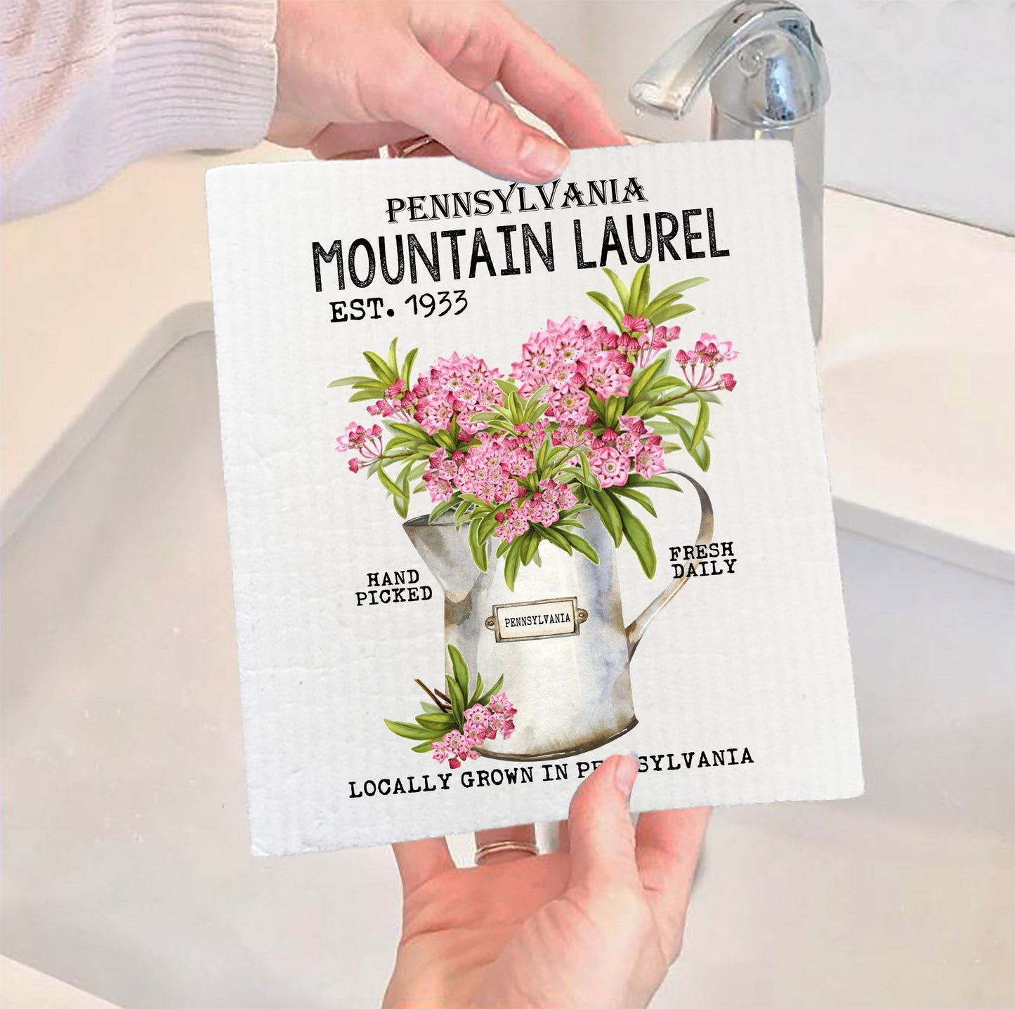 Set of 2 - Pennsylvania State Flower Mountain Laurel Souvenir Kitchen SWEDISH DISH CLOTH