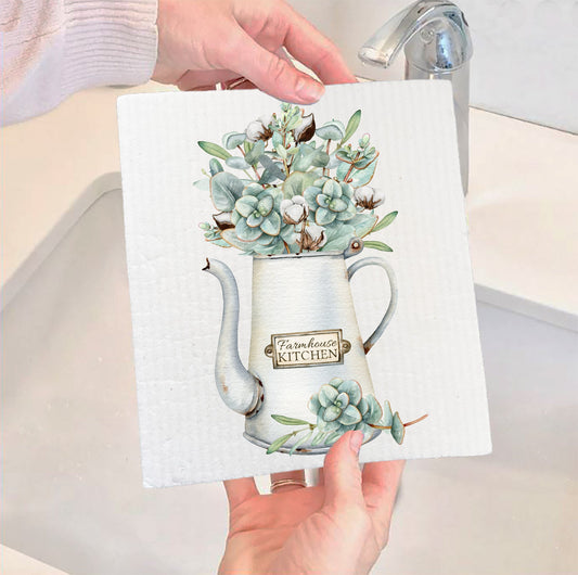 Set of 2 -  Country Farm Eucalyptis Tea Pot SWEDISH DISH CLOTHS
