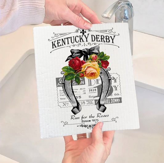 Set of 2 -  Kentucky Derby Horse Shoe Roses Kitchen SWEDISH DISH CLOTH