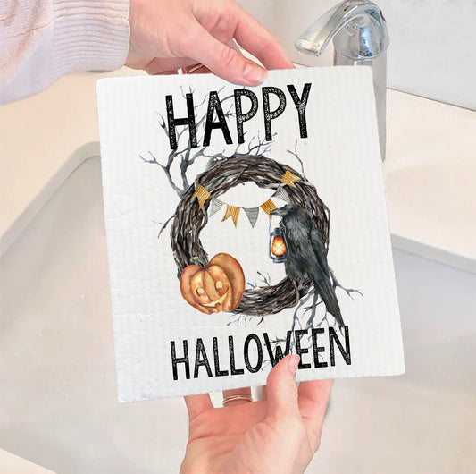 Set of 2 -  Happy Halloween Wreath Kitchen SWEDISH DISH CLOTH