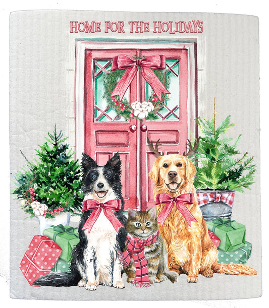 Set of 2 -  Christmas Home for the Holidays Dogs SWEDISH DISH CLOTH