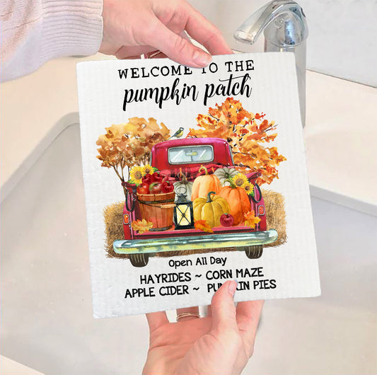 Set of 2 -  Fall Autumn Pumpkin Pick Up Truck Kitchen SWEDISH DISH CLOTH