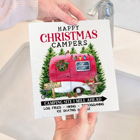 Set of 2 -  Happy Christmas Camper Trailer SWEDISH DISH CLOTH