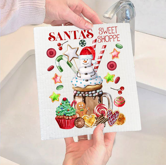 Set of 2 -  Christmas Santa's Sweet Shop Candy SWEDISH DISH CLOTH