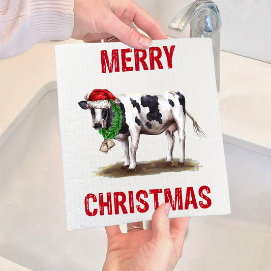 Set of 2 -  Farmhouse Merry Christmas Cow SWEDISH DISH CLOTHS