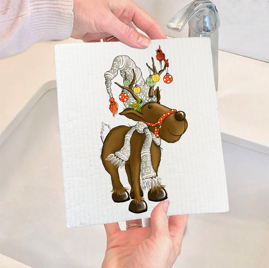 Set of 2 -  Christmas Cute Reindeer Swedish Dish Cloth