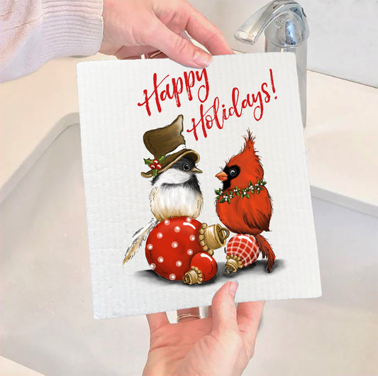 Set of 2 -  Christmas Birds Cardinal Swedish Dish Cloth