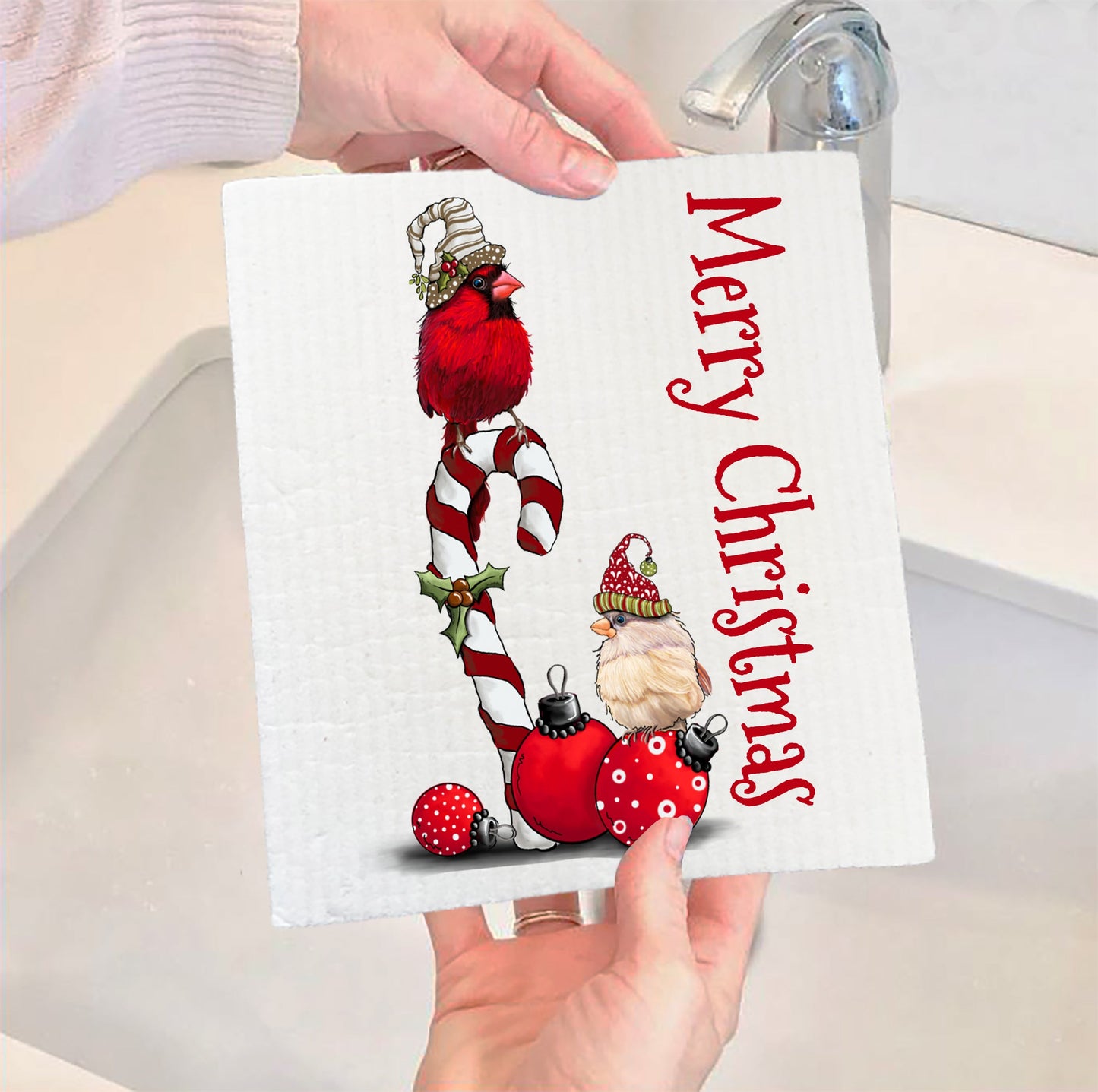 Set of 2 -  Christmas Red Cardinal Swedish Dish Cloth