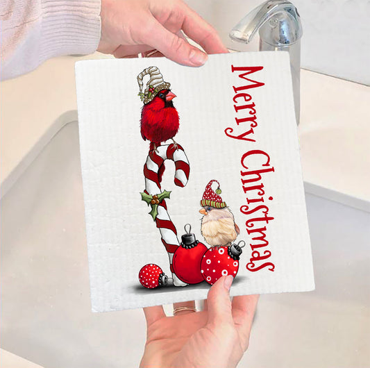 Set of 2 -  Christmas Red Cardinal Swedish Dish Cloth