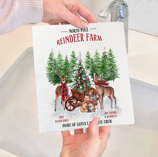 Set of 2 -  Christmas Reindeer Farm Swedish Dish Cloth
