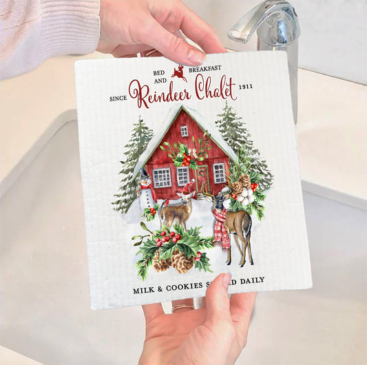 Set of 2 -  Christmas Reindeer Chalet Swedish Dish Cloth