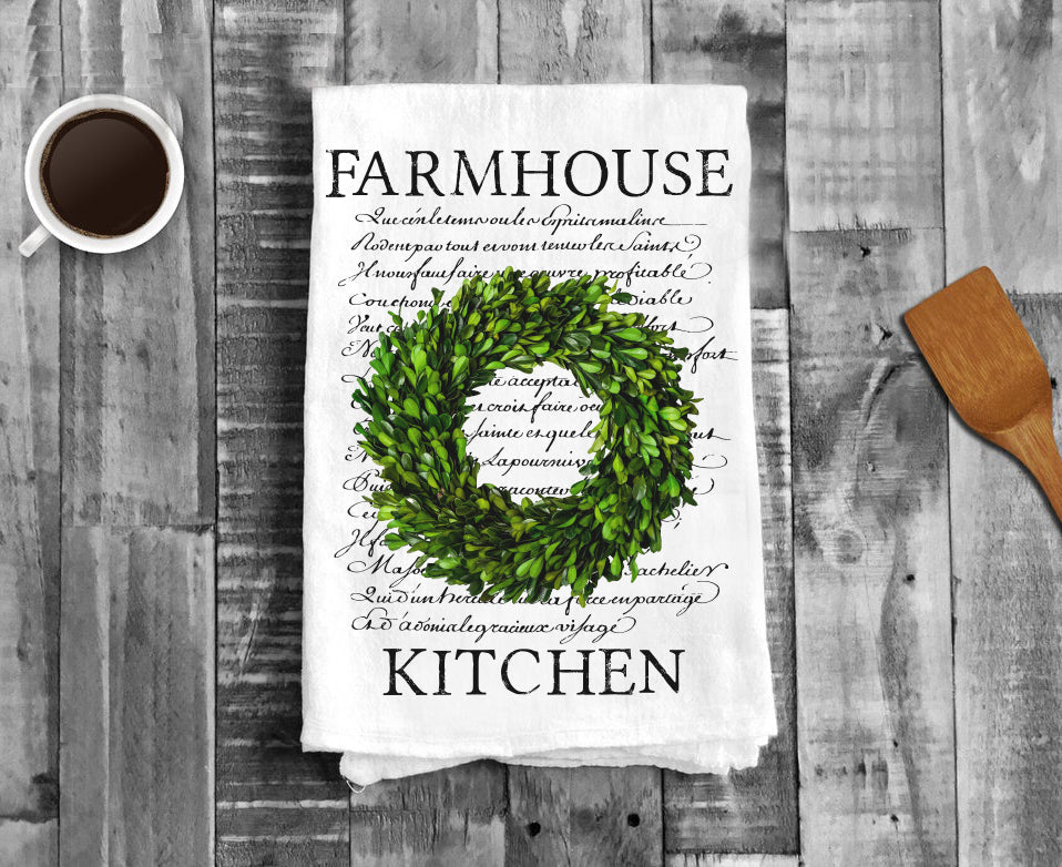 Farmhouse Kitchen Boxwood Wreath Cotton Tea Towels