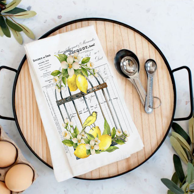 French Lemons Bird Cage Kitchen Cotton Tea Towel