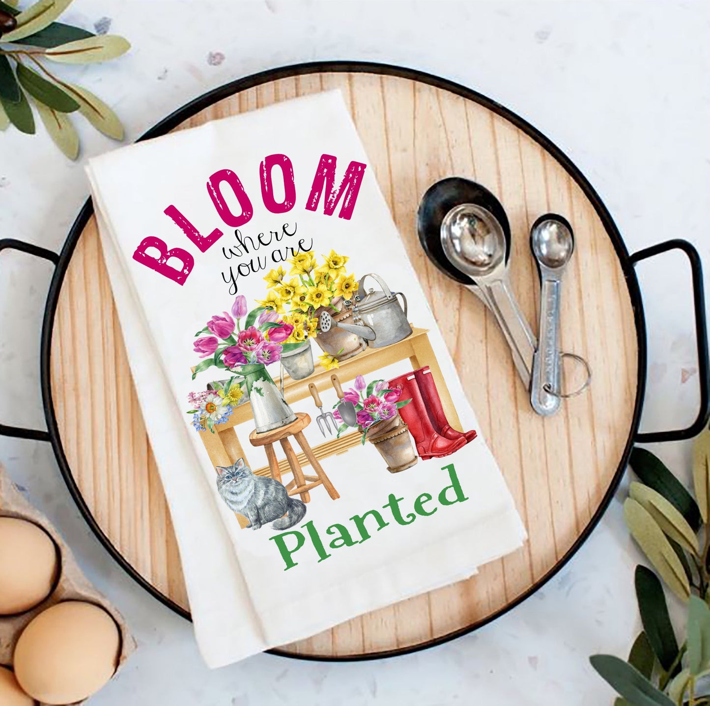 Bloom where you're planted Flowers Cats Kitchen Cotton Tea Towels