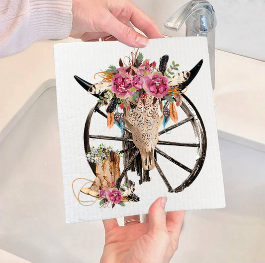 Set of 2 -  Western Cow Skull Cowboy Southwestern SWEDISH DISH CLOTH