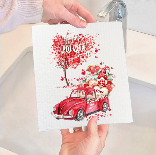 Set of 2 -  Valentine Gnome Red Truck Hearts Swedish Dish Cloth