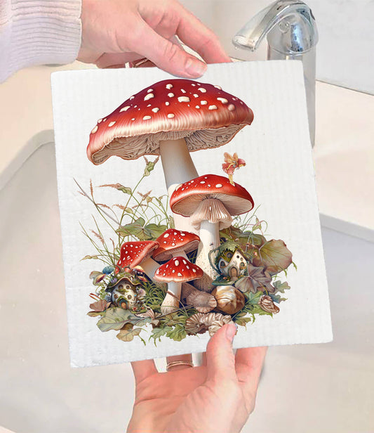 Set of 2 -  Red & White Mushrooms Faires SWEDISH DISH CLOTH