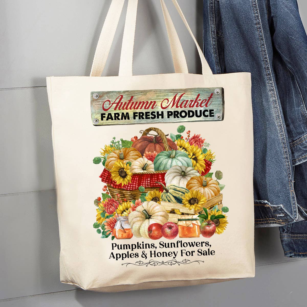 Autumn Fall Market Pumpkins Apples 12 oz Canvas Tote Bag