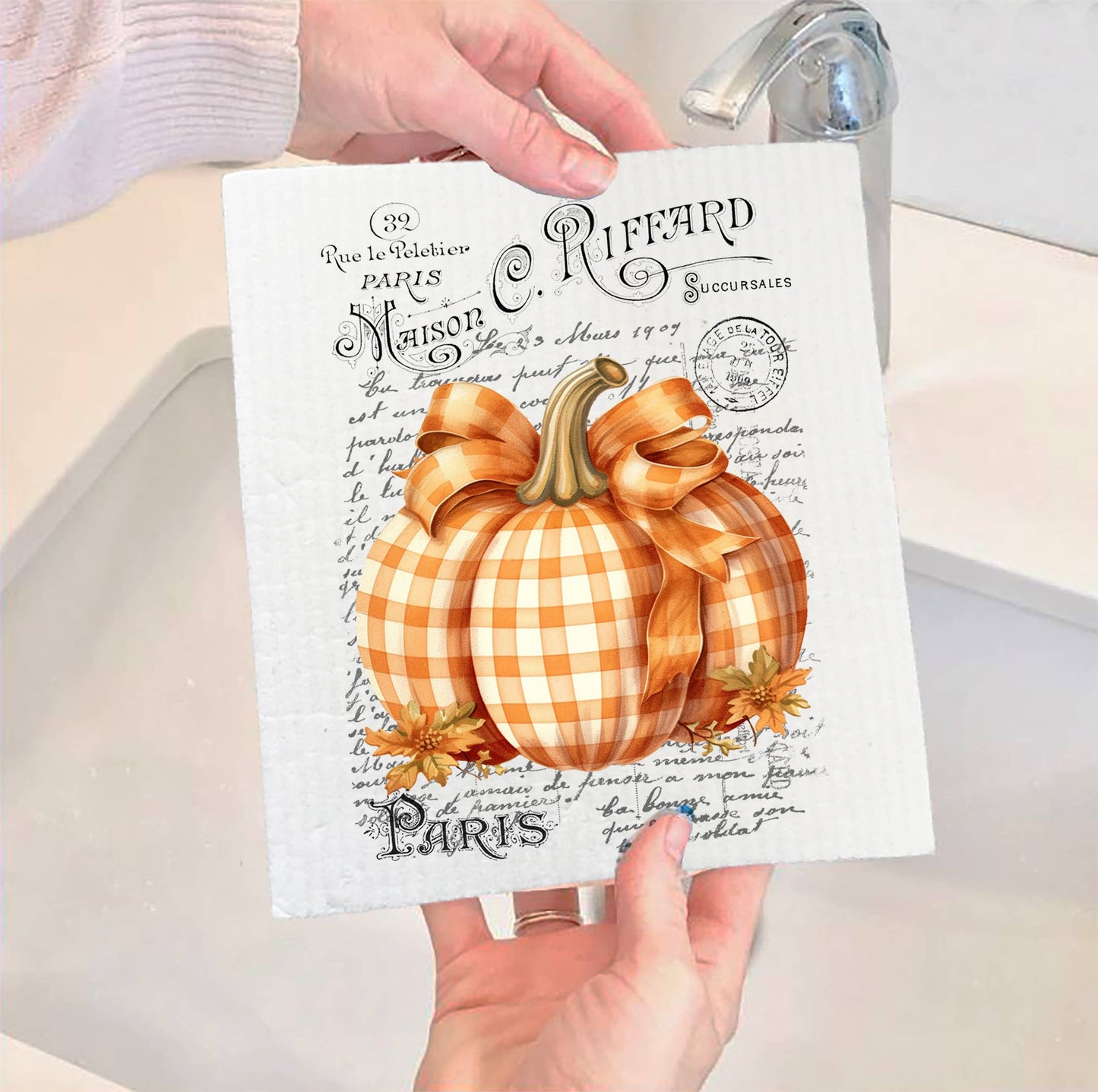Set of 2 - Fall Autumn French Checkered Pumpkins SWEDISH DISH CLOTH