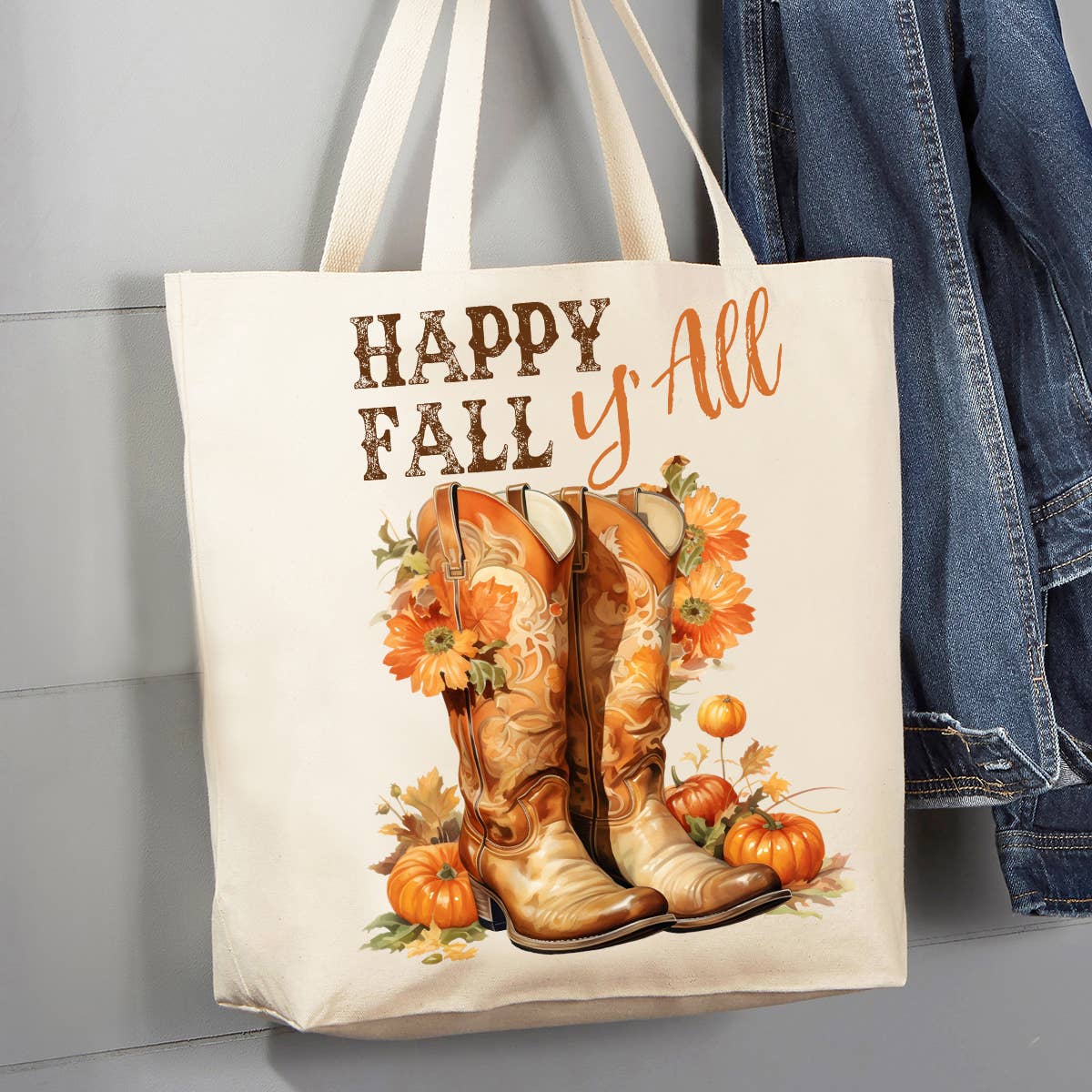 Happy Fall Y'All Cowboy Boots Western 12 oz Canvas Tote Bag