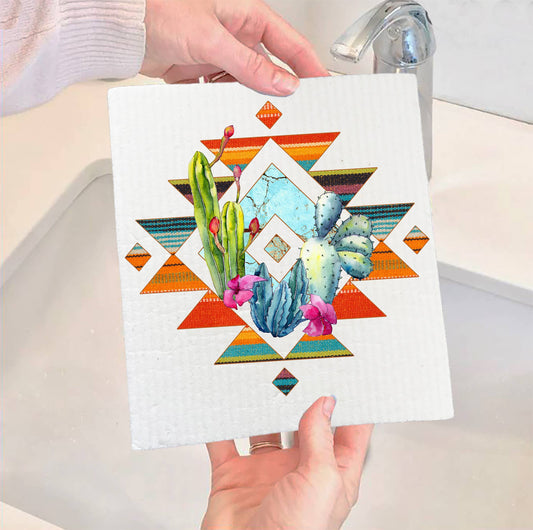 Set of 2 -  Western Aztec Cactus Southwestern SWEDISH DISH CLOTH