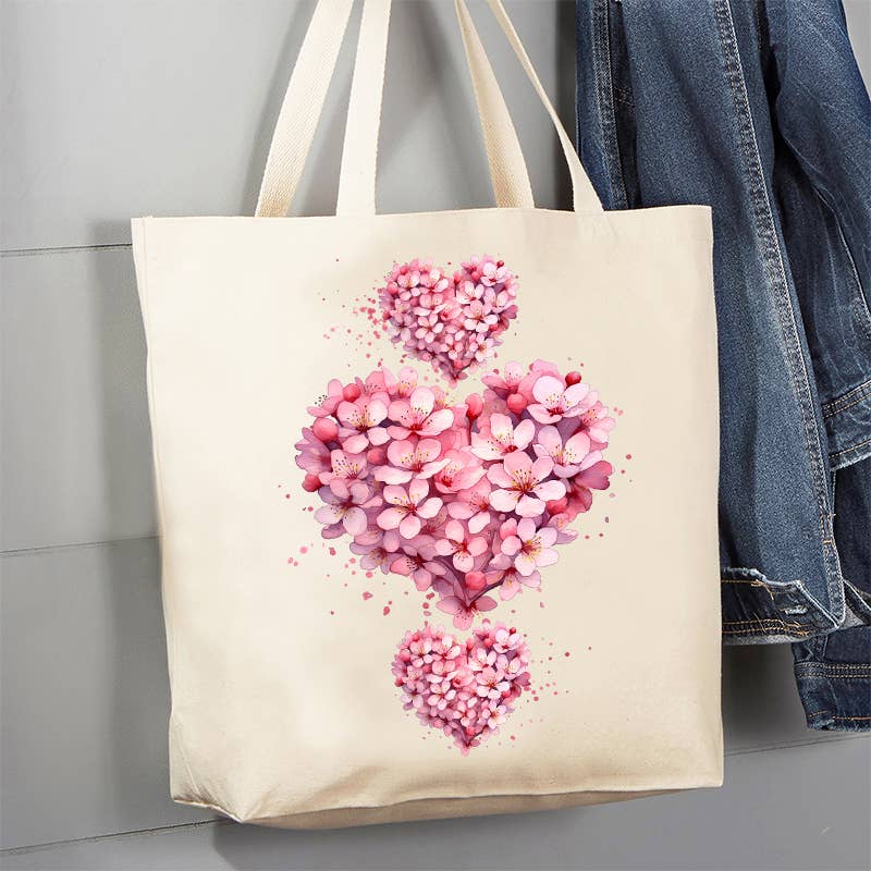 Valentine Pink Blossoms Flower Heart 12 oz Canvas Tote Bag