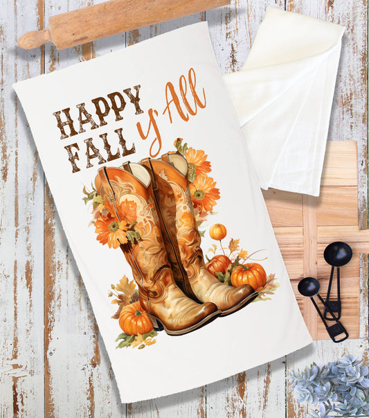 Happy Fall Y'All Cowboy Boots Western Terry Cloth Towel