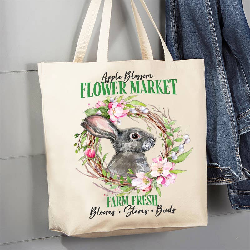 Flower Market Bunny Spring Canvas Tote Bag