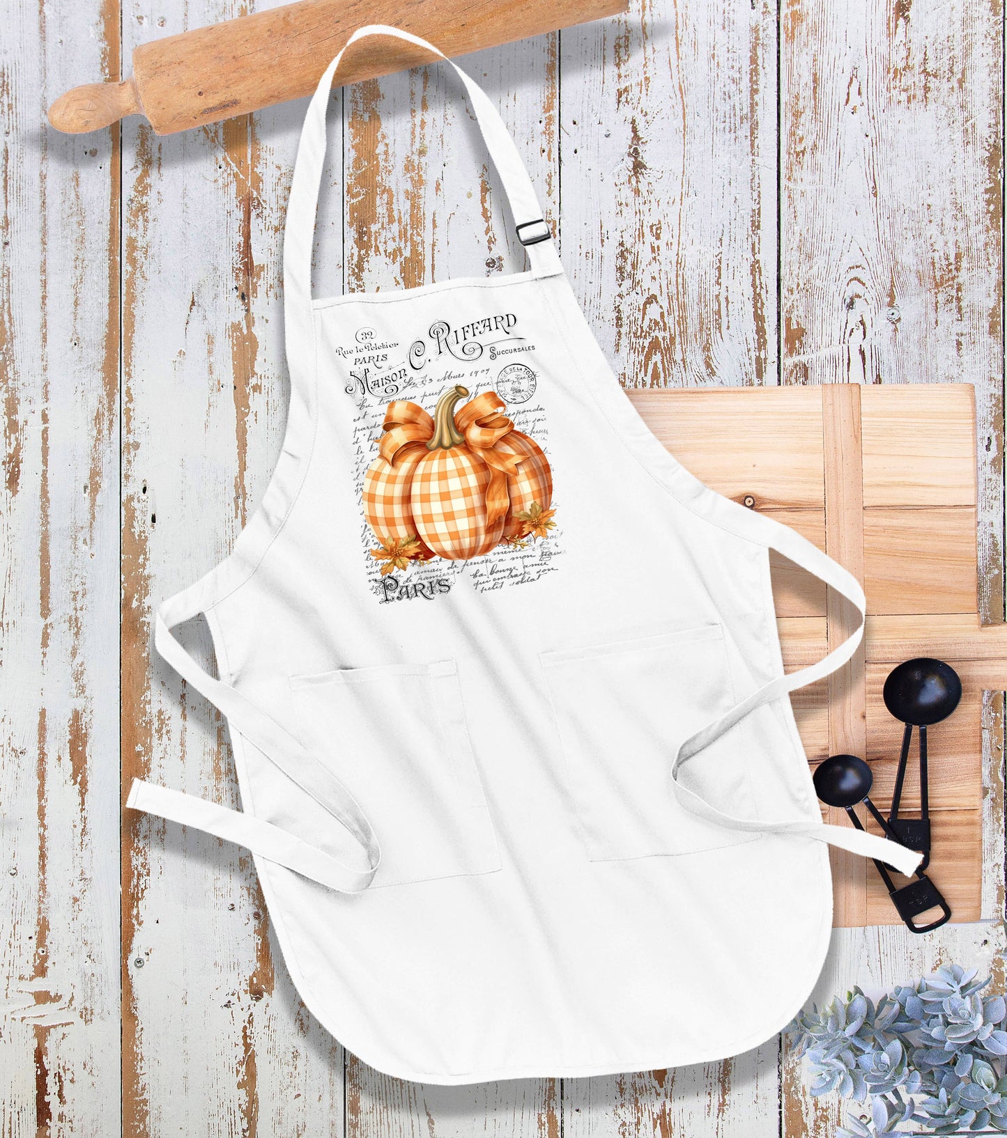 Fall Autumn French Checkered Pumpkins Kitchen Cotton Apron