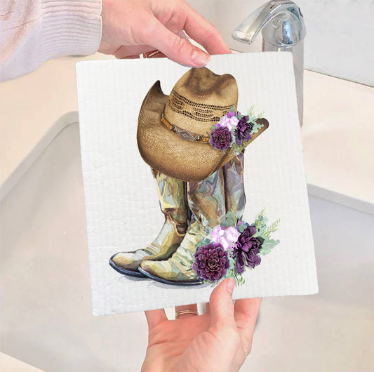 Set of 2 -  Western Cowboy Boots Hats Southwestern SWEDISH DISH CLOTH