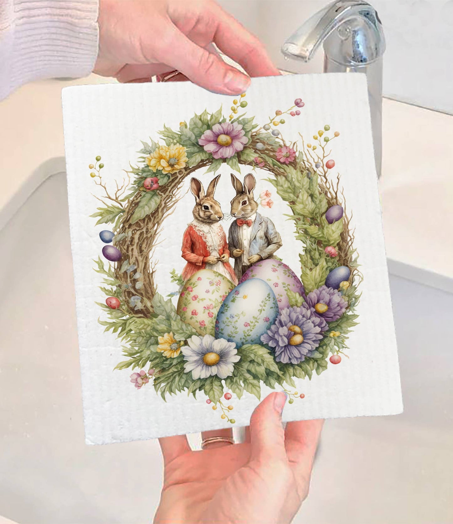 Set of 2 - Easter Vintage Victorain Bunnies SWEDISH DISH CLOTH