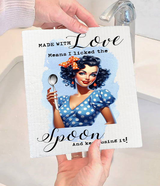 Set of 2 -  Made with love Licked the Spoon Funny SWEDISH DISH CLOTH