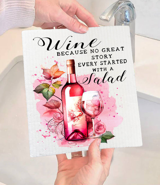 Set of 2 -  Wine No Story Starts with Salad Funny SWEDISH DISH CLOTH
