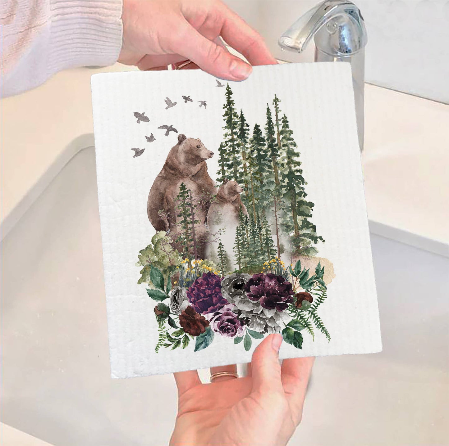 Set of 2 - Bear Forest Mountains Wildlife Swedish Dish Cloth