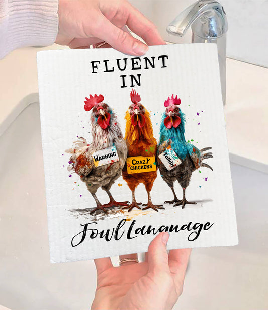 Set of 2 -  Fluent in Fowl Language Funny Saying SWEDISH DISH CLOTH