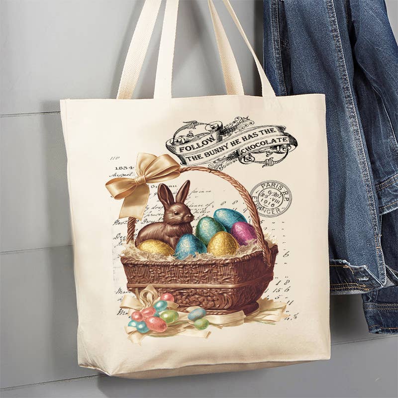 Easter Chocolate Follow the Bunny 12 oz Canvas Tote Bag
