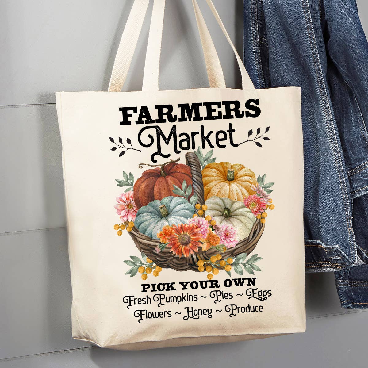 Autumn Fall Farmers Market Pumpins 12 oz Canvas Tote Bag