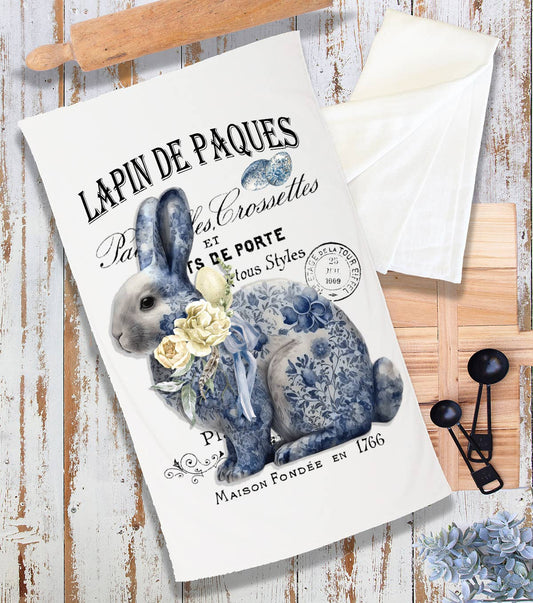 Easter Bunny Blue & White Chinoiserie Terry Cloth Towel