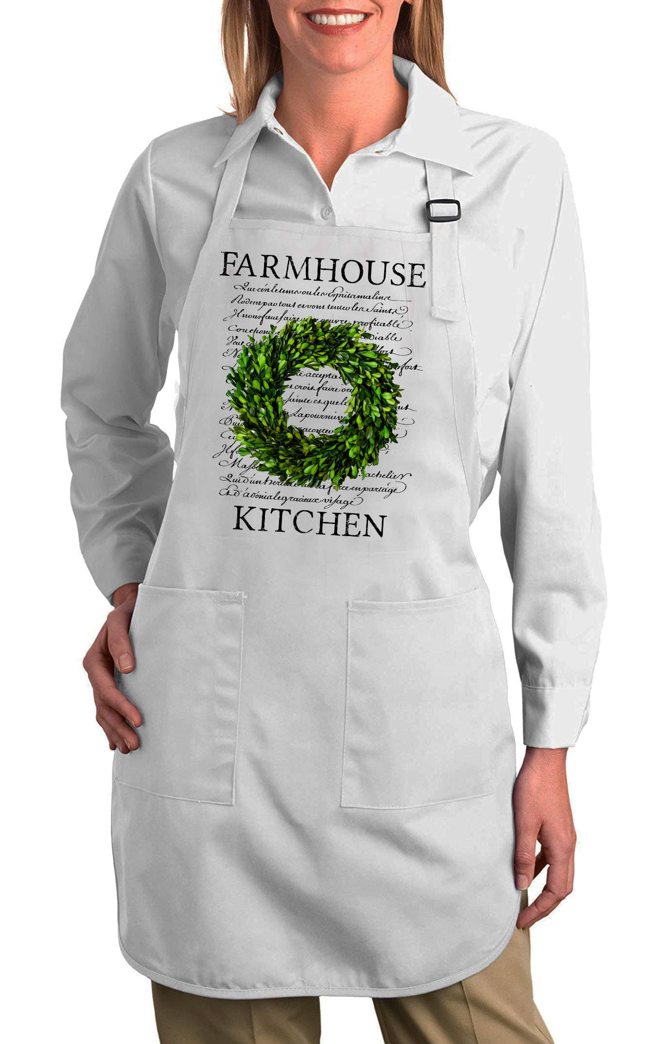 Farmhouse Kitchen Boxwood Wreath Cotton Apron