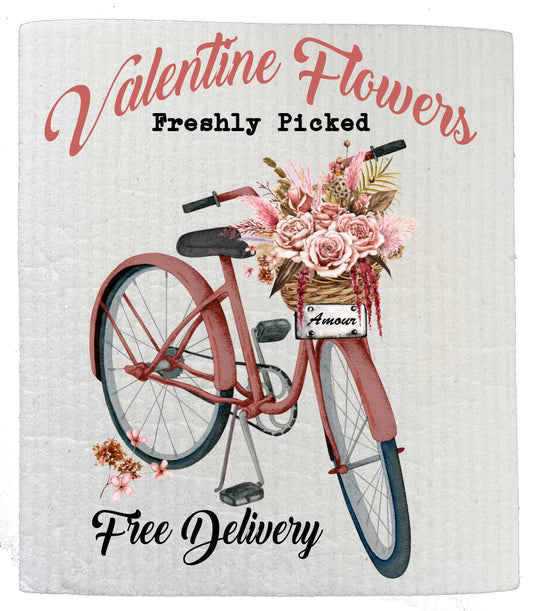 Set of 2 -  Valentine Flowers Pink Bicycle Flowers SWEDISH DISH CLOTHS
